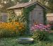 Backyard shed with climbing vines surrounded by coneflowers and black-eyed Susans, berry shrubs, and clover groundcover, with a shallow water dish in the foreground and a discreet brush pile behind; a monarch butterfly hovers near the blooms in warm evening light.