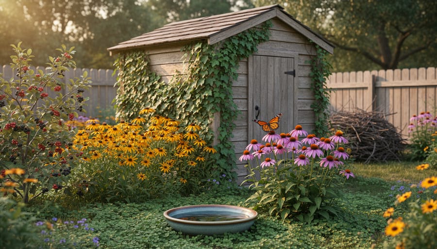 Backyard shed with climbing vines surrounded by coneflowers and black-eyed Susans, berry shrubs, and clover groundcover, with a shallow water dish in the foreground and a discreet brush pile behind; a monarch butterfly hovers near the blooms in warm evening light.
