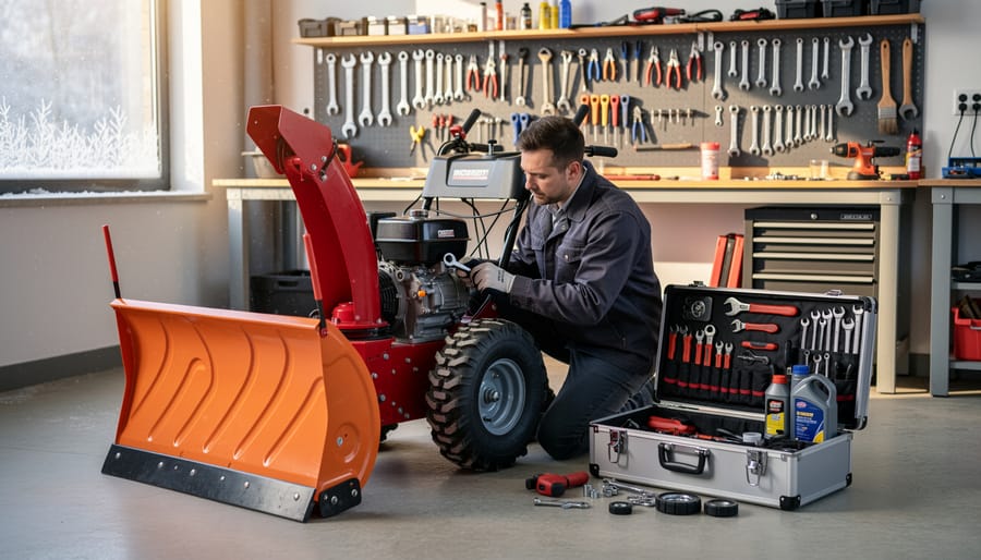 Homeowner performing winter maintenance on lawn mower in garage workshop