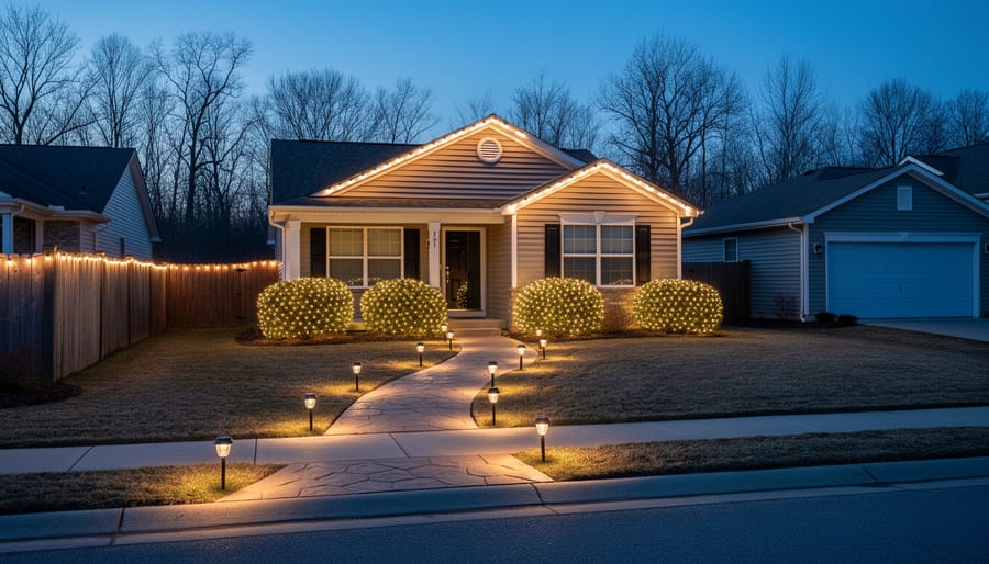 Suburban house at twilight with warm white LED lights along the roofline and fence, net lights on shrubs, and solar-powered pathway stakes illuminating a stone walkway; neighboring homes and bare trees softly blurred in the background.