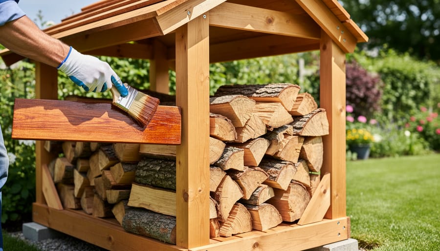 Person applying weatherproof sealant to cedar wood outdoor storage shed