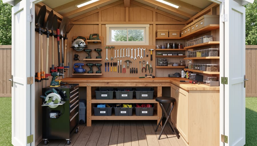 Interior of organized 8x8 workshop shed with workbench and wall-mounted tool storage