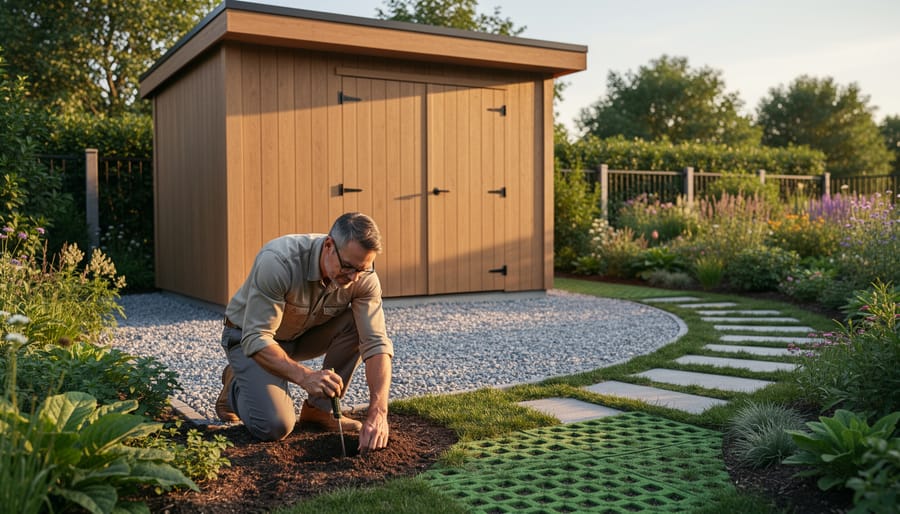Eco-friendly modern backyard shed on compacted gravel near a property edge with a homeowner kneeling to test soil using a screwdriver, mature trees and native plantings softly blurred in the background at golden hour.