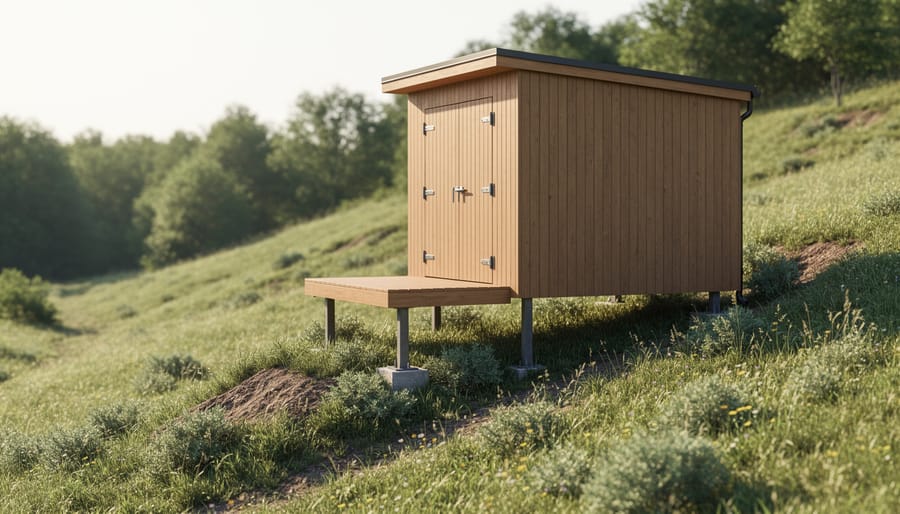 Wooden storage shed on concrete piers surrounded by undisturbed natural vegetation in backyard setting
