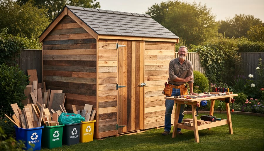 Homeowner standing next to completed shed with recycling bins containing sorted construction materials