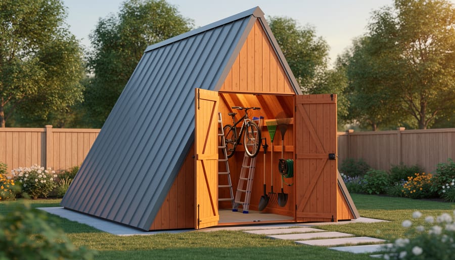 A-frame backyard storage shed with steep triangular roof at golden hour, viewed from a 3/4 angle, doors open to reveal hanging bicycles, a ladder, and neatly organized tools, with landscaped garden and trees softly blurred behind.