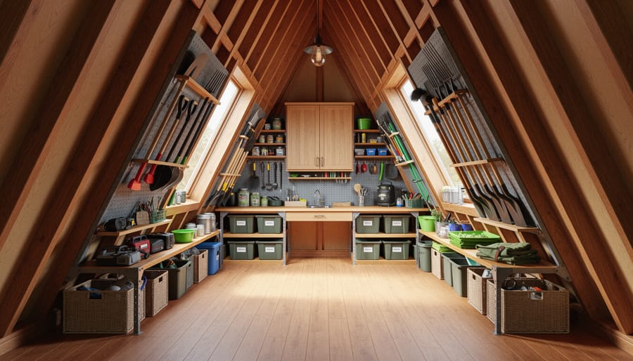 Interior view of organized A-frame shed showing vertical storage systems and workbench