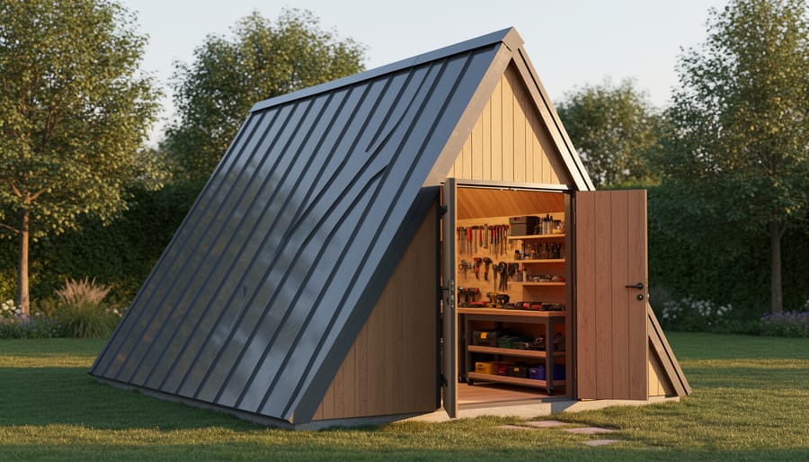 A-frame storage shed with steep triangular roof in residential backyard