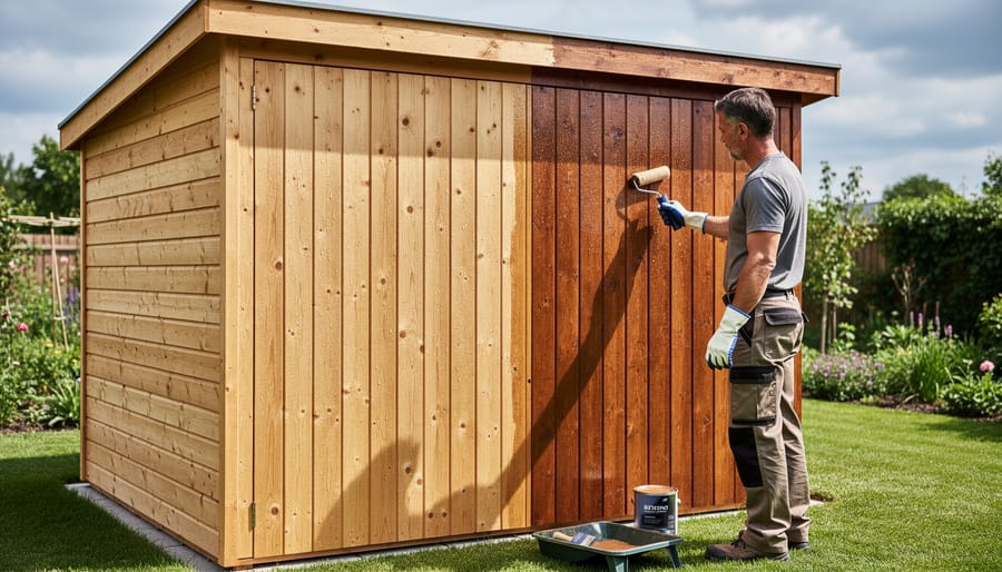 Close-up of person applying weatherproofing sealant to wooden shed with brush
