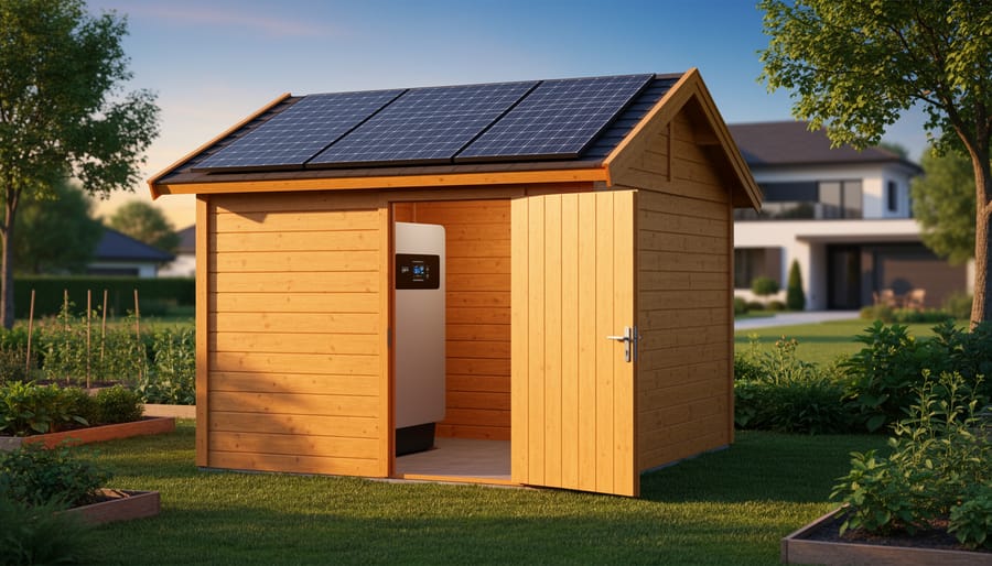 Eye-level wide shot of a wooden backyard shed with solar panels on the roof and a wall-mounted battery visible through a half-open door, lit by warm evening sunlight, with lawn, garden beds, trees, and a distant house softly blurred in the background.