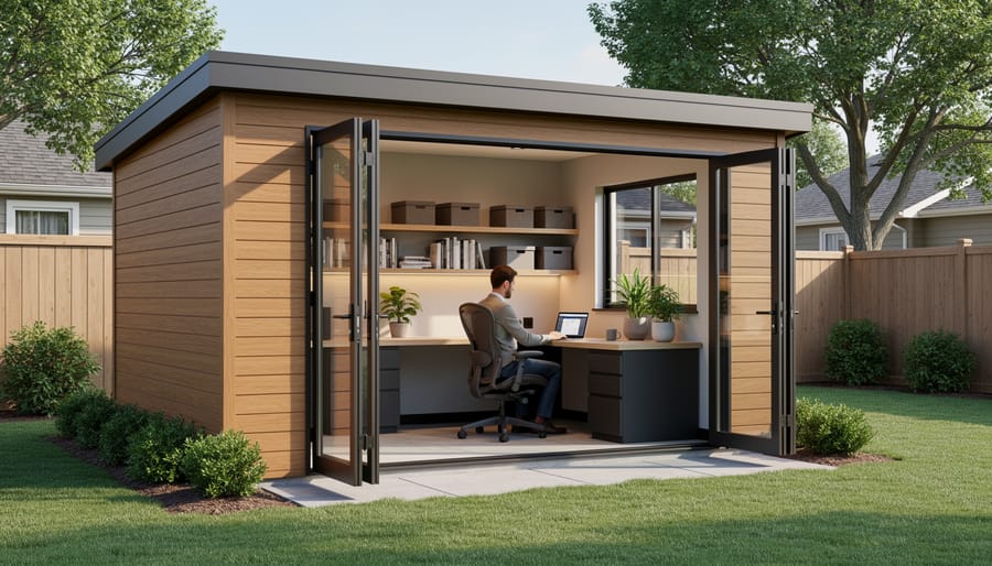 Modern wooden shed office in backyard with visible interior workspace through windows