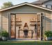 Contemporary backyard shed converted into a small business office with open doors; a business owner works on a laptop at a tidy desk, shelves of product boxes and a camera tripod visible, warm golden-hour light, suburban house and garden softly blurred in the background.