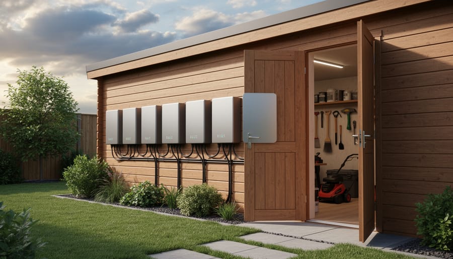 Battery storage unit installed on shed wall for solar power backup