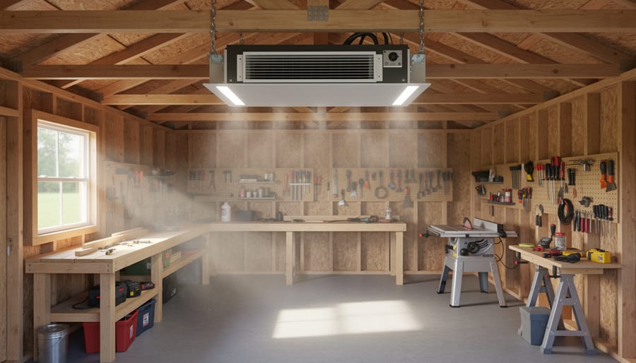 Ceiling-mounted air filtration unit installed in wooden shed workshop