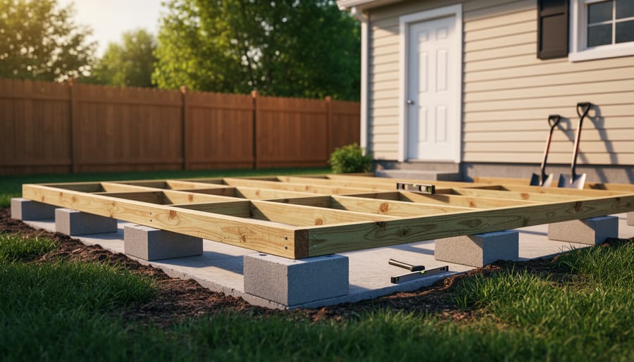 Interlocking concrete deck blocks arranged under pressure-treated beams forming a level shed foundation on a slightly sloped backyard, photographed at golden hour with a softly blurred fence, trees, and house in the background.