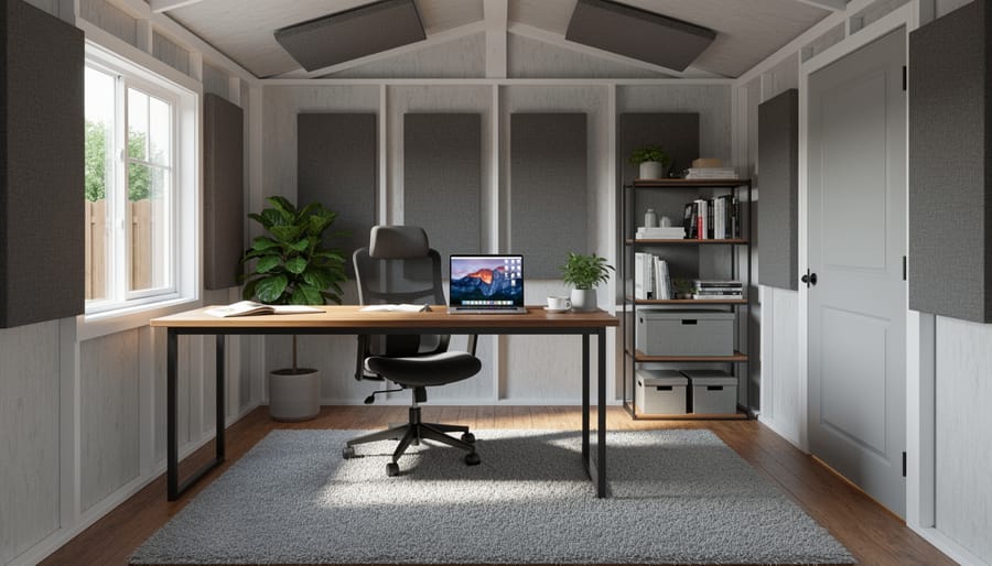 Comfortable home office workspace in converted shed showing quiet functional interior space