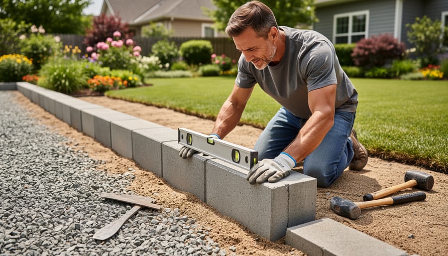 Homeowner using level tool while installing concrete deck blocks for shed foundation