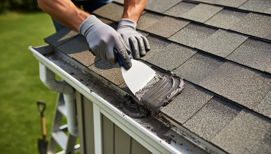Gloved hands of a homeowner on a ladder spreading roofing cement with a putty knife on a leaking asphalt-shingle shed roof next to the gutter, with a blurred backyard and tools behind.