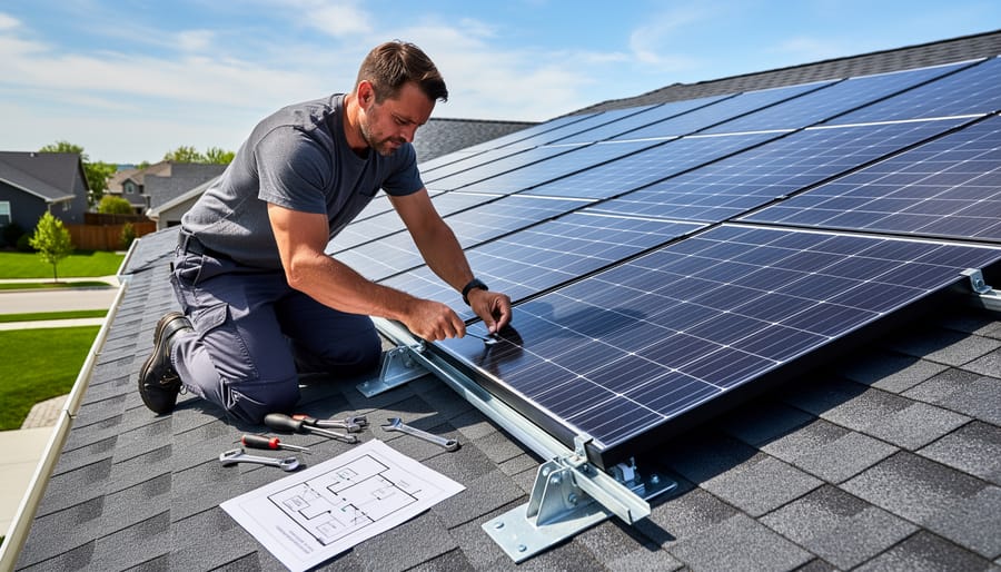 Homeowner installing solar panel on shed roof using ladder and power drill