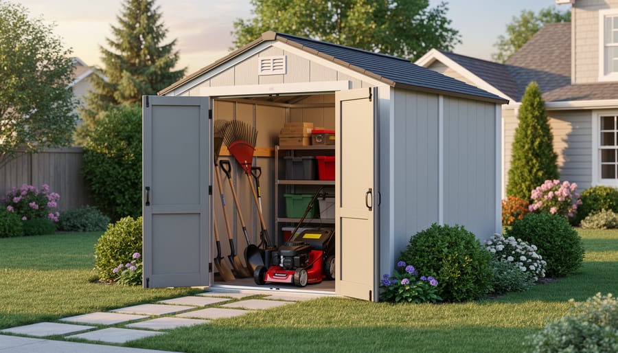 Duramax 10x8 vinyl-coated steel storage shed in suburban backyard with organized equipment