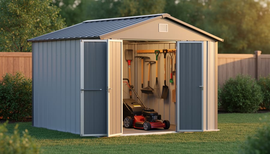 10x8 vinyl-coated steel storage shed with a sloped roof in a neat backyard, doors slightly open to show organized garden tools and a push mower, lit by golden-hour sunlight with a softly blurred lawn and fence behind.