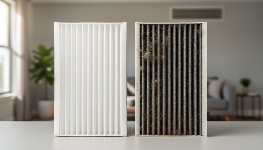 Comparison of dirty used air filter and clean new replacement filter in workshop setting