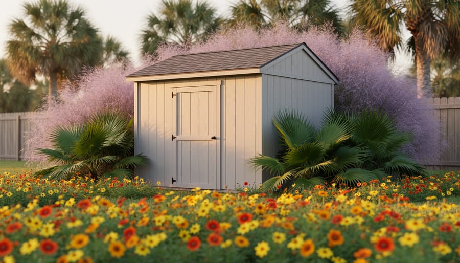 Florida backyard storage shed surrounded by layered native plants—saw palmetto, coontie, purple muhly grass, beach sunflower, and gaillardia—lit by warm golden-hour light with softly blurred palms and a fence in the background
