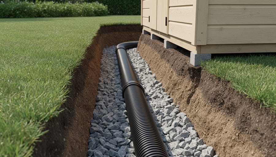 Close-up of French drain installation showing perforated pipe and gravel in trench beside shed