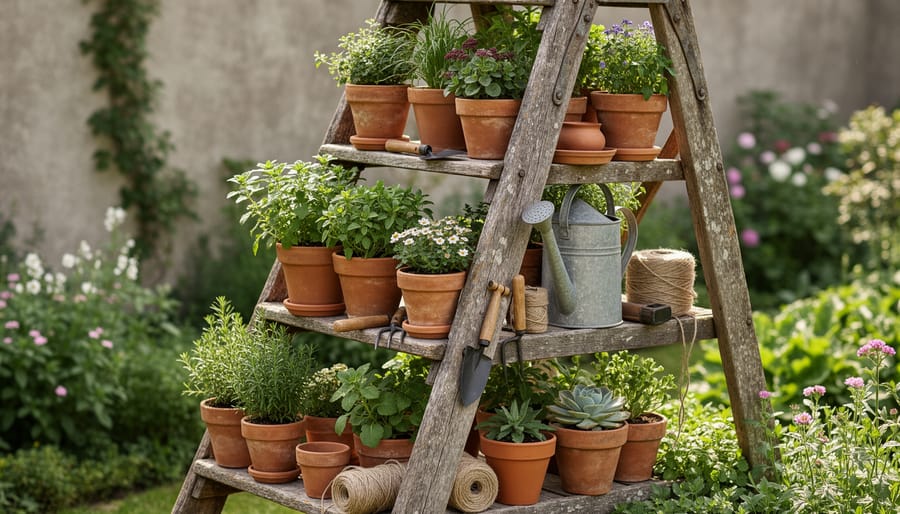 Repurposed wooden ladder serving as vertical plant and garden supply storage