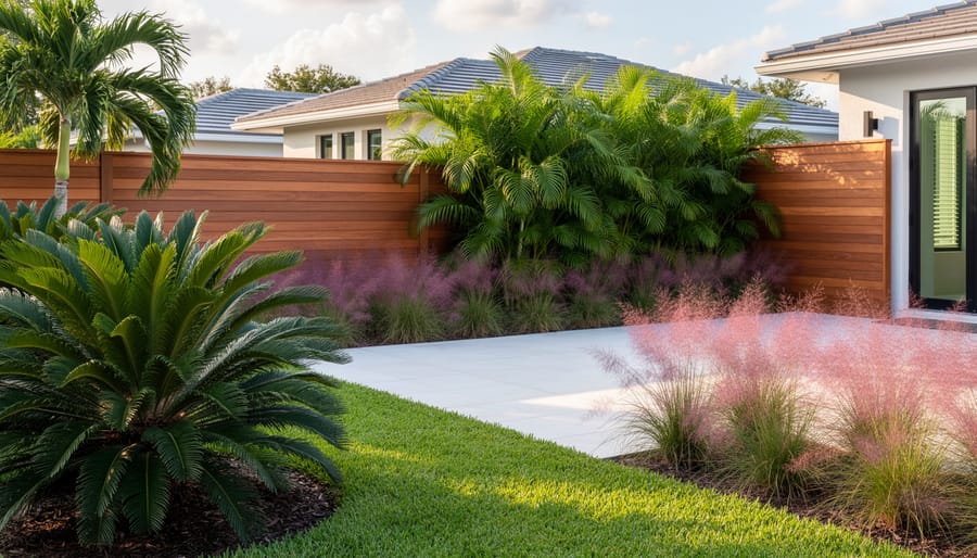 Garden shed surrounded by native Florida plants including coontie palms and ornamental grasses