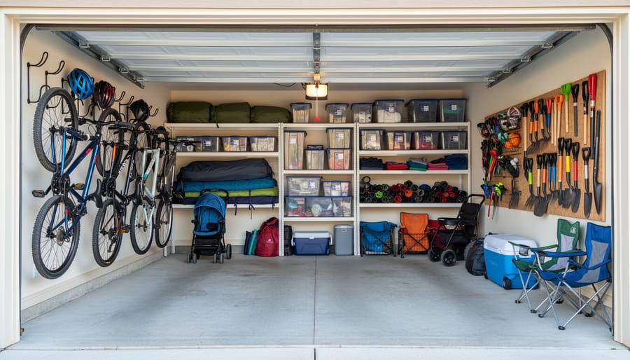Interior view of organized storage shed with bicycles, garden tools, and lawn equipment on shelves and hooks
