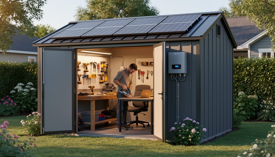 Person working with power tools in a solar-powered shed workshop