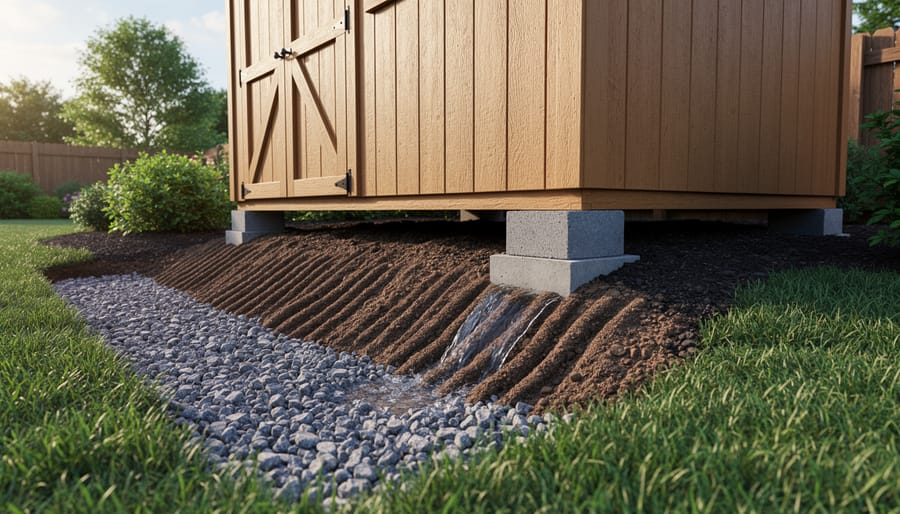 Ground-level view of properly graded yard showing slope away from shed with measuring tools