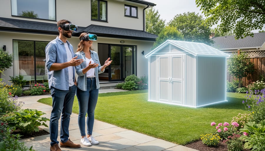 Satisfied couple reviewing plans with completed shed installation in background