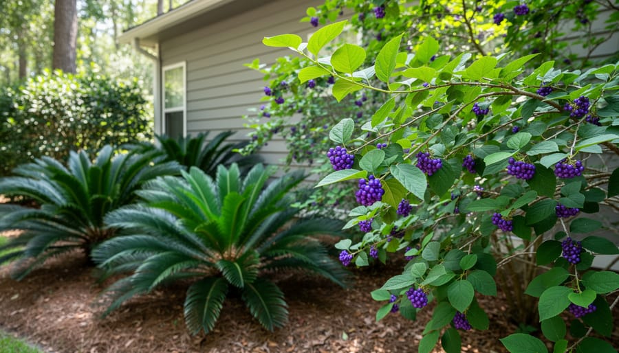 Native Florida beautyberry with purple berries and coontie palm growing in shaded garden area