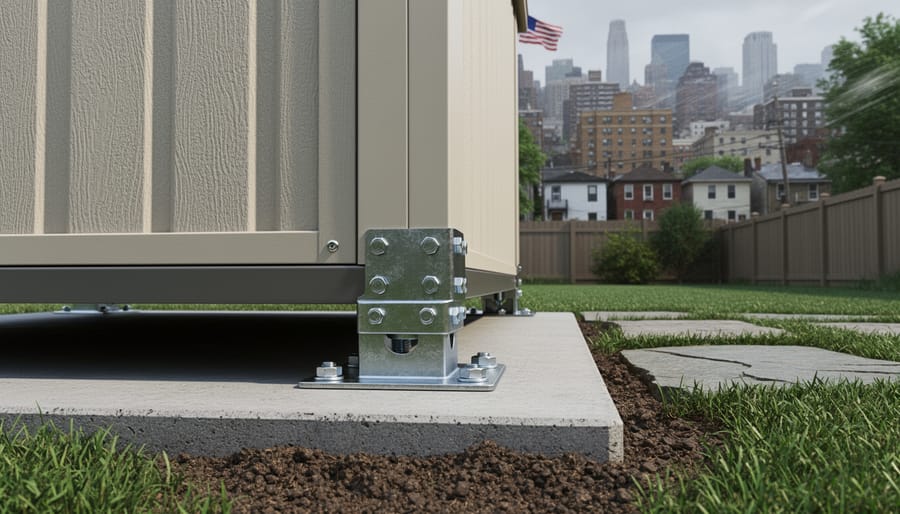 Metal shed secured to concrete foundation with anchor bolts and reinforcement brackets