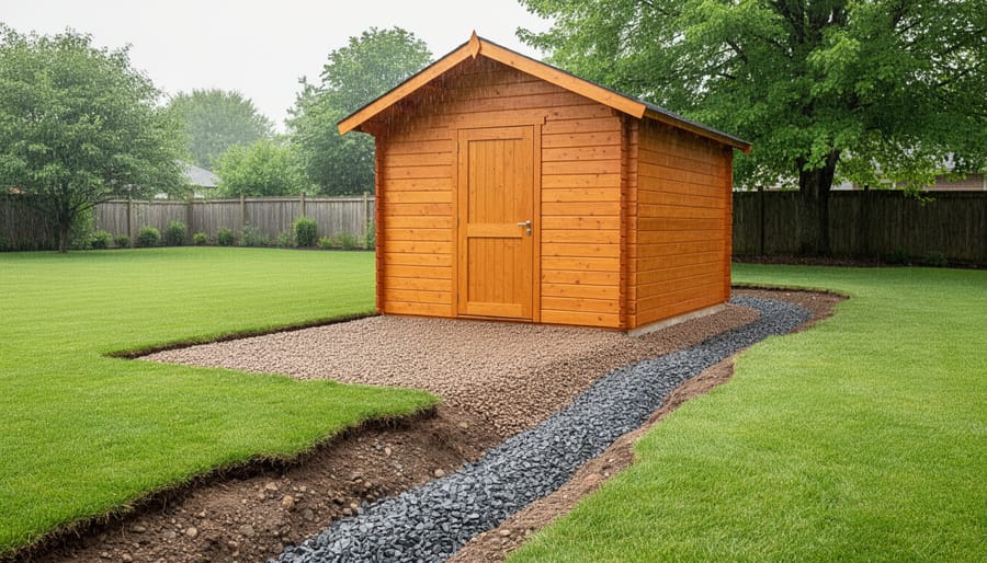 Backyard wooden shed on a graded gravel pad with a shallow gravel swale channeling water away, under bright overcast light with lawn, fence, and trees in the background