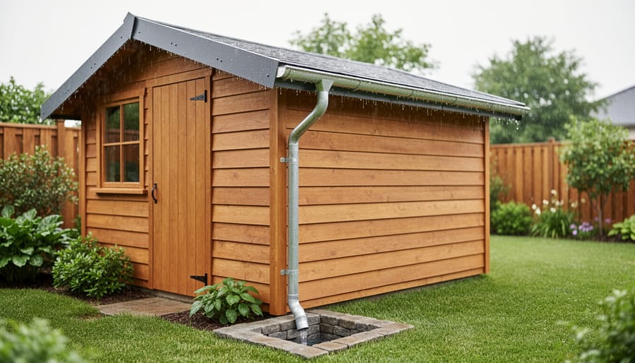 Eye-level three-quarter view of a wooden backyard shed featuring K-style aluminum gutters and a downspout draining onto a stone splash block, with raindrops on the metal and a wet lawn and fence softly blurred in the background.