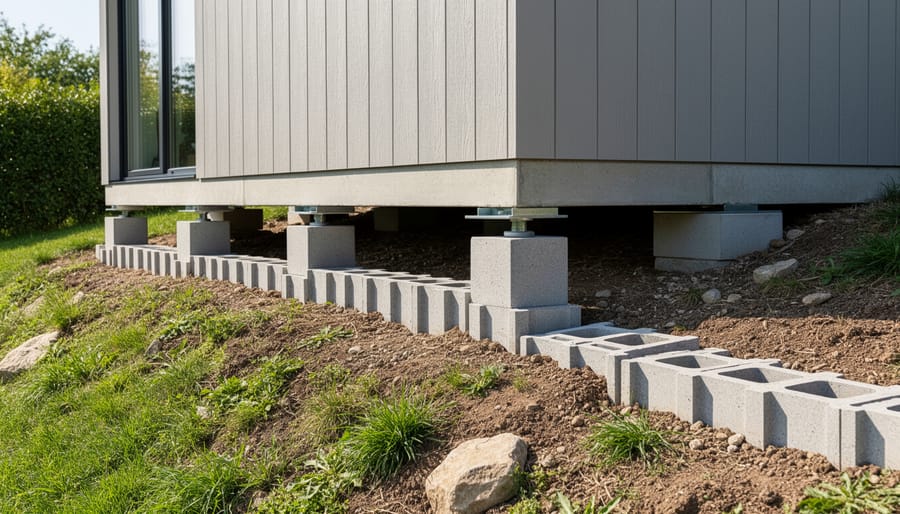 Wooden shed elevated on concrete pier foundation on sloped backyard terrain