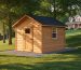 Cedar garden shed on a level gravel pad under dappled tree shade, placed on a gently sloped, well-drained lawn with a house nearby and a lower wet area visible downslope.