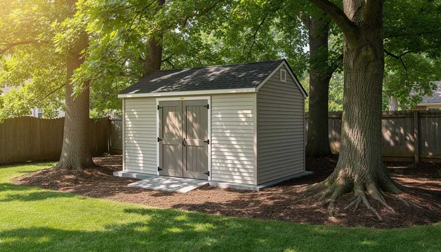 Wooden storage shed thoughtfully positioned near mature trees in residential yard