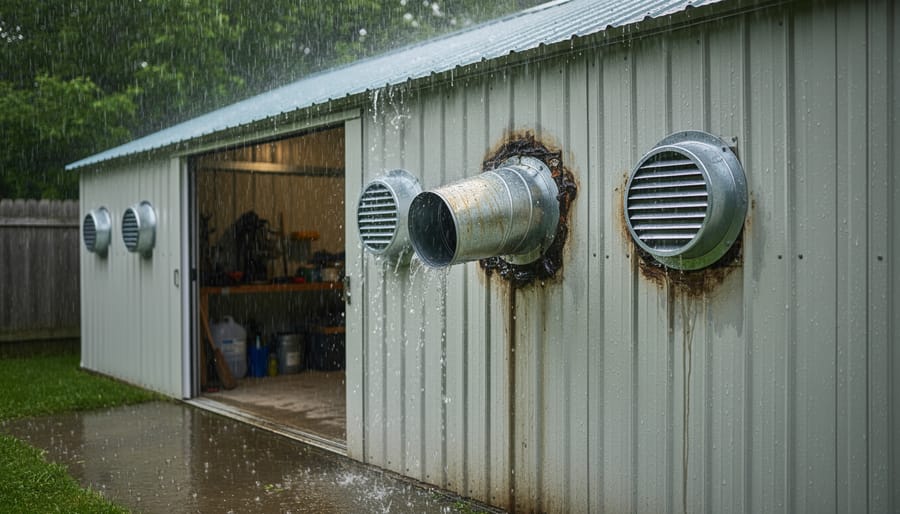 Garden shed in rainy weather showing exposure to external noise and weather elements