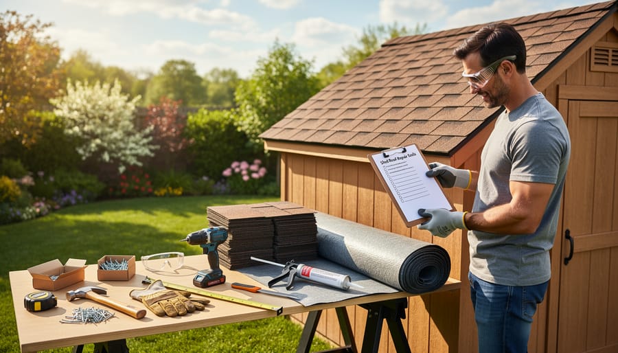 Overhead view of essential roofing repair tools and materials organized on wooden surface