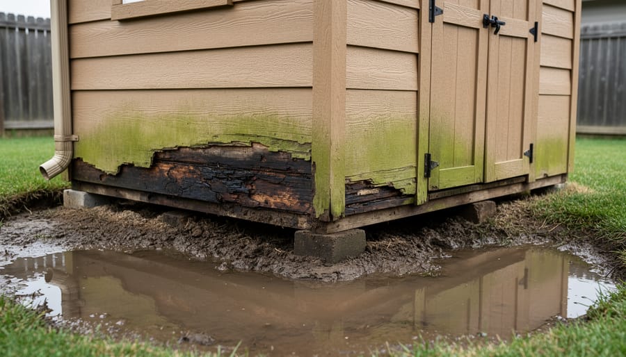 Shed foundation showing water damage, rotting wood siding, and soil erosion from lack of proper gutters