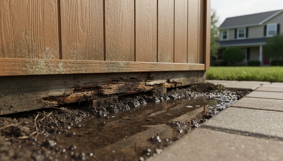 Wooden shed with visible water damage and rot at foundation with standing water pooled against base