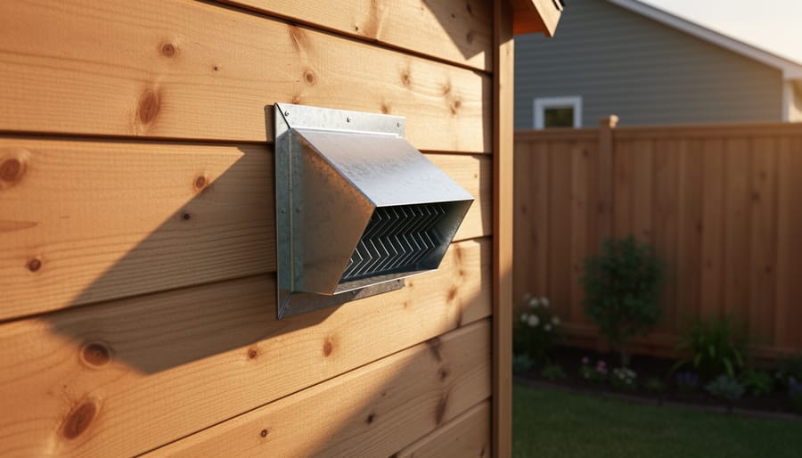 Close-up of a backyard wooden shed wall with a metal Z-duct baffle vent showing zigzag interior, lit by golden-hour sunlight, with a softly blurred fence and neighboring yard in the background.