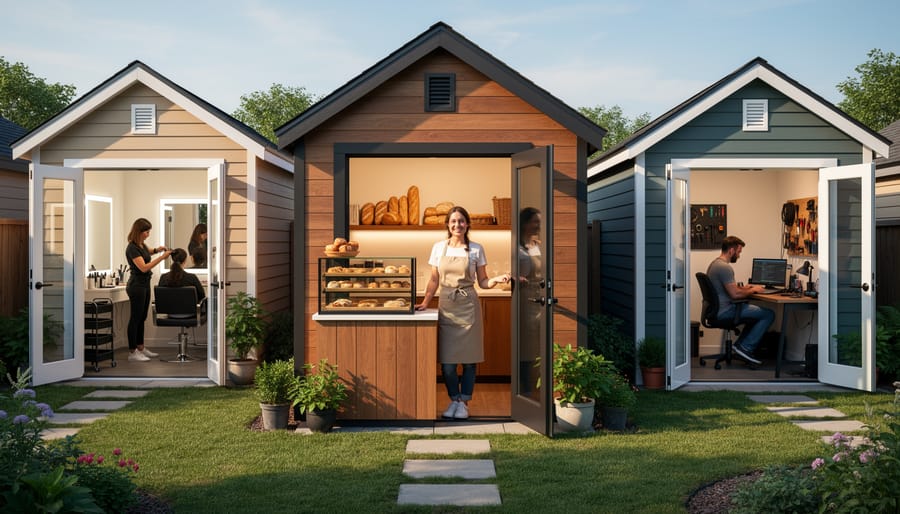 Female business owner working at organized desk inside converted shed office