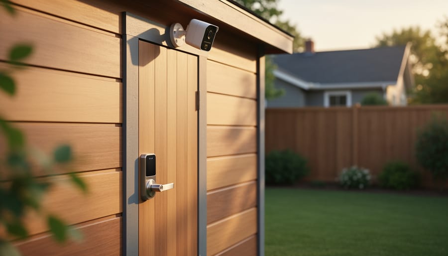 Smart lock and outdoor security camera mounted on a modern wooden garden shed door at golden hour, with a softly blurred backyard in the background.
