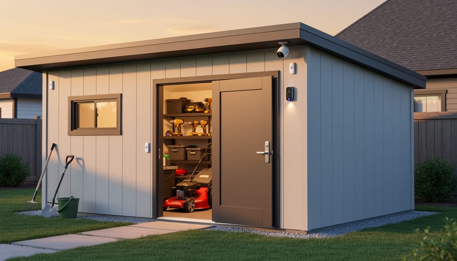 Garden shed equipped with smart lock and security camera technology
