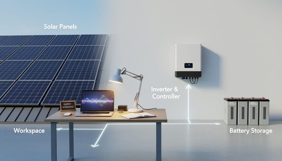 Solar panel, battery, charge controller, and inverter components arranged on workbench